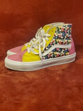 Vans High Top Sneakers with Floral Panels - Pink & Yellow